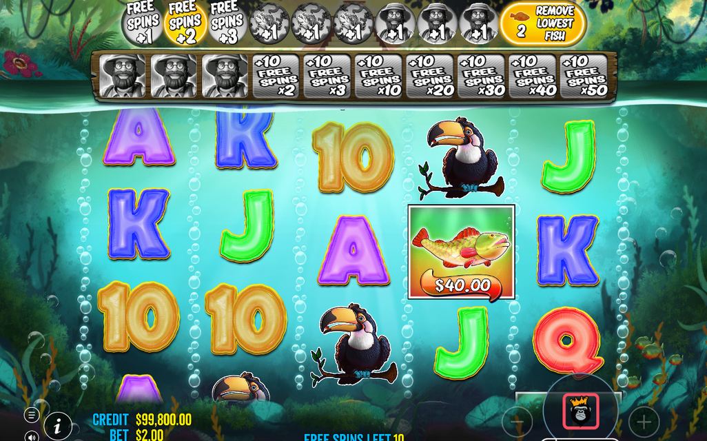 Free Spins screen with FISHERMAN WILD on all reels