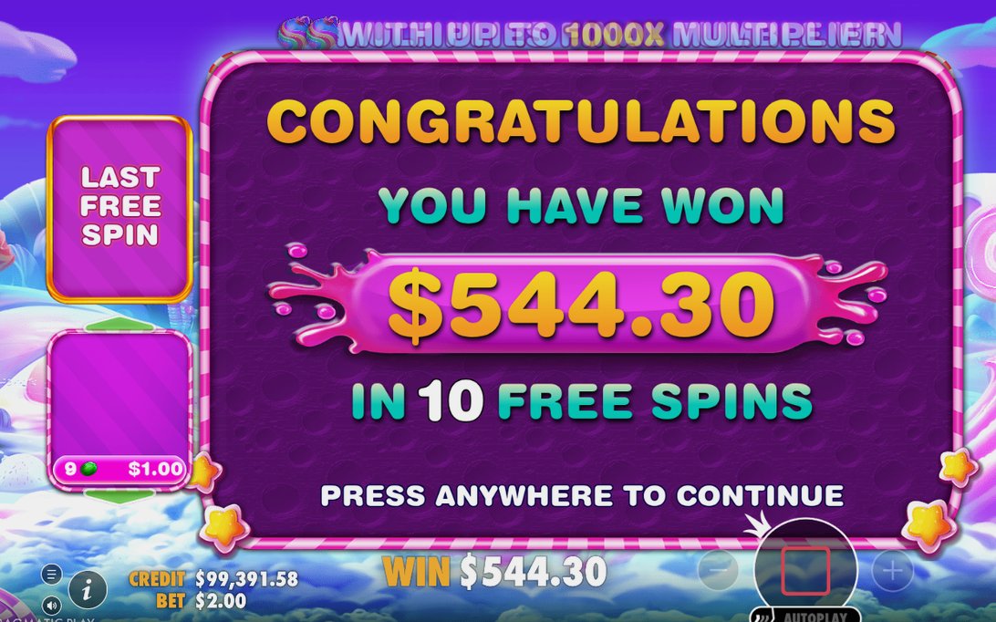 Win screen showing summed tumble wins for one spin