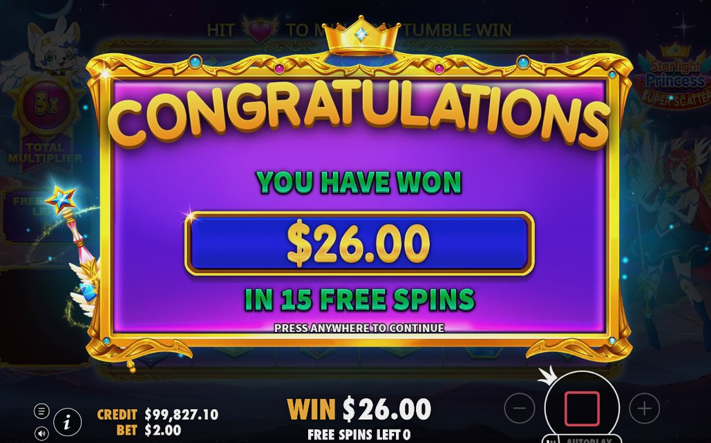 Win screen after tumble sequence with Multiplier Heart total
